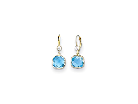 14K Yellow Gold Blue and White Topaz Leverback Dangle Earrings