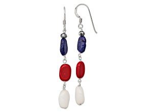 Sterling Silver Polished Red Coral, Crystal, White Jadeite, Lapis Dangle Earrings