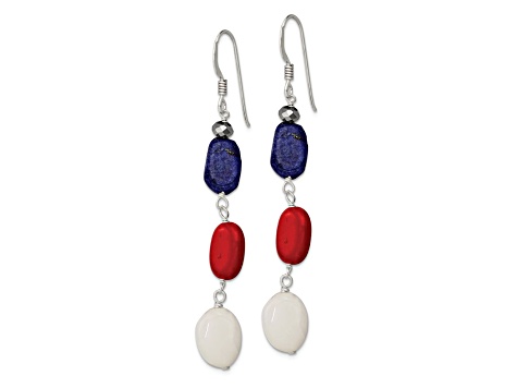 Sterling Silver Polished Red Coral, Crystal, White Jadeite, Lapis Dangle Earrings