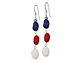 Sterling Silver Polished Red Coral, Crystal, White Jadeite, Lapis Dangle Earrings