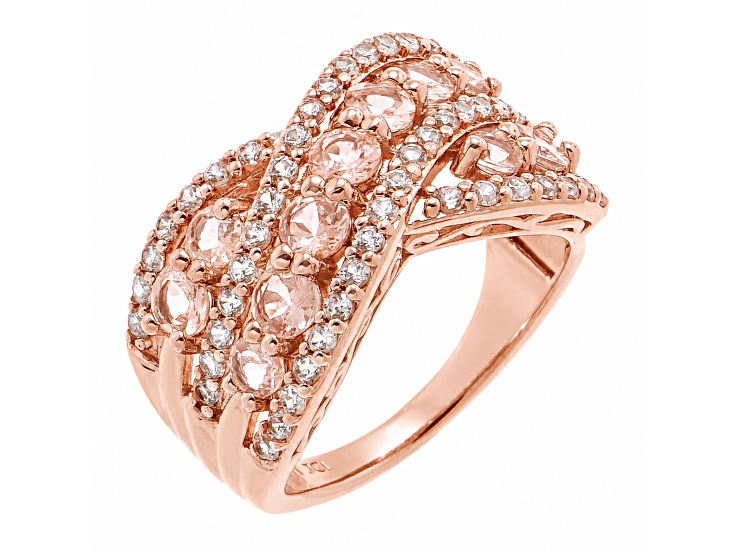 Round Cut Peach Morganite Sterling Silver Crisscross Cocktail Band Ring 1.89 Cttw