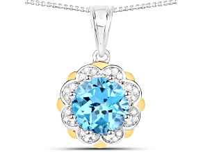 Swiss Blue Topaz With White Diamond 14K Gold Over Sterling Silver Flower Necklace