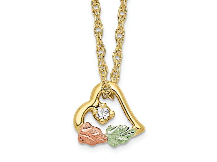 10k Yellow Gold With 12k Rose and Green Gold Accent Diamond Heart Pendant With 18 Inch Ropa Chain