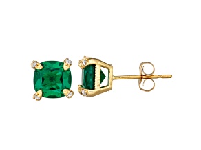 Square Cushion Lab Created Emerald 10K Yellow Gold Stud Earrings 1.44ctw