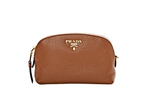 Prada Vitello Daino Cannella Brown Leather Small Cosmetic Case Clutch Bag