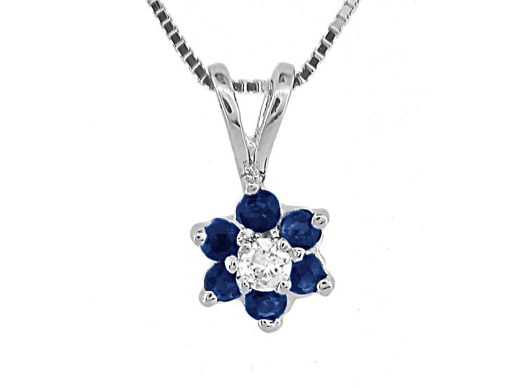 0.24ctw Blue Sapphire with White Diamond Accent Flower Design Pendant 14k White Gold