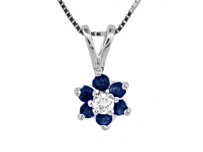 0.24ctw Blue Sapphire with White Diamond Accent Flower Design Pendant 14k White Gold