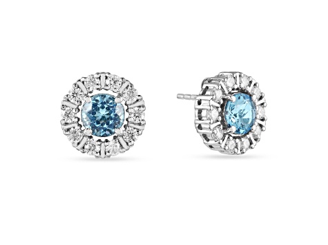 Round Blue Topaz with Moissanite Accents Rhodium Over Sterling Silver Halo Earrings