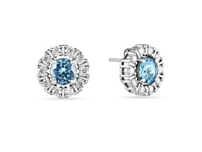 Round Blue Topaz with Moissanite Accents Rhodium Over Sterling Silver Halo Earrings
