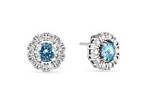 Round Blue Topaz with Moissanite Accents Rhodium Over Sterling Silver Halo Earrings