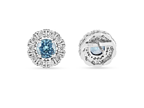 Round Blue Topaz with Moissanite Accents Rhodium Over Sterling Silver Halo Earrings