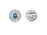 Round Blue Topaz with Moissanite Accents Rhodium Over Sterling Silver Halo Earrings