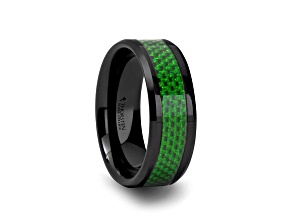 MATLAL Beveled Black Ceramic Ring with Emerald Green Carbon Fiber Inlay 8mm