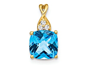 10k Yellow Gold 1.715 cttw Checkerboard Blue Topaz December Birthstone and Diamond Pendant