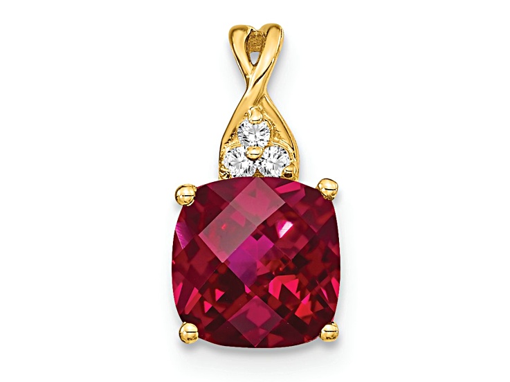 10k Yellow Gold 1.89 cttw Checkerboard Lab Created Red Ruby July Birthstone and Diamond Pendant