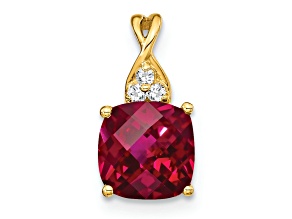 10k Yellow Gold 1.89 cttw Checkerboard Lab Created Red Ruby July Birthstone and Diamond Pendant