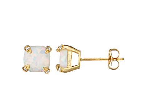 Square Cushion Lab Created Opal 10K Yellow Gold Stud Earrings 0.94ctw