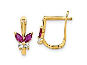 14k Yellow Gold Children's Polished 3/8" Red and White Cubic Zirconia Butterfly Hoop Earrings