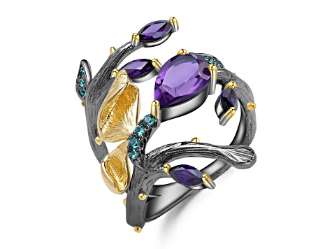 Amethyst and Green Nanocrystal 14K Gold Over and Black Rhodium Over Sterling Silver Ring