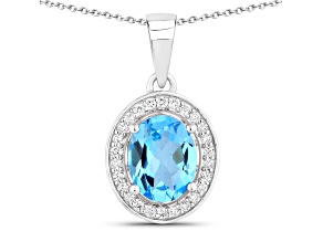 Swiss Blue Topaz and Lab Grown Diamond Sterling Silver Oval Halo Pendant With Chain 2.84ctw