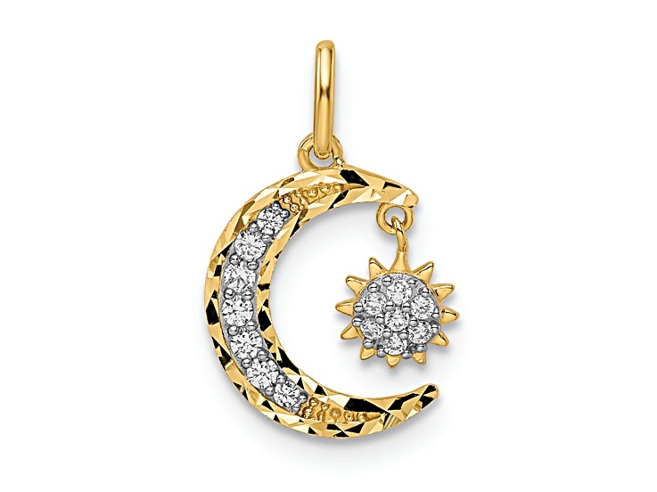14k Yellow Gold and Rhodium Over 14k Yellow Gold Diamond-Cut Cubic Zirconia Moon and Star Pendant