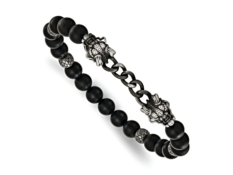 Stainless Steel Antique White Bronze Dragon Agate/Onyx Stretch 7.5-inch Bracelet