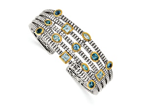 Sterling Silver with 14K Yellow Gold Sky Blue, Swiss Blue, and London Blue Topaz Cuff Bracelet