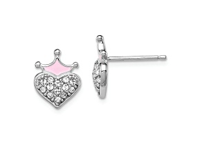 Rhodium Over Sterling Silver Enamel and Crystal Crown Heart Earrings
