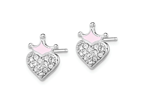 Rhodium Over Sterling Silver Enamel and Crystal Crown Heart Earrings