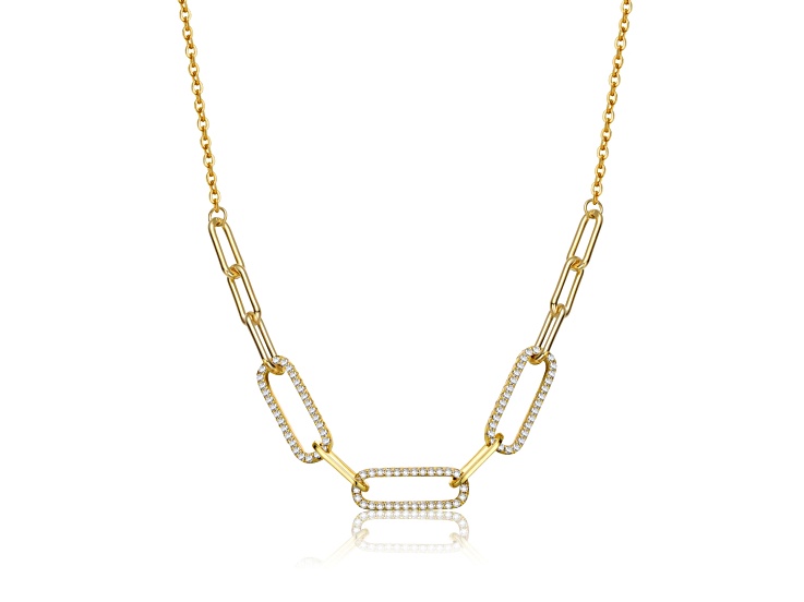 Clear Cubic Zirconia, 14k Gold Plated over Sterling Silver Elongated Cable Link Chain Necklace