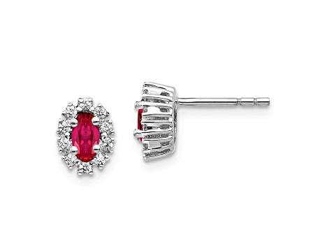 Rhodium Over 10k White Gold 0.2ctw Diamond and 0.66ctw Ruby Oval Halo Stud Earrings