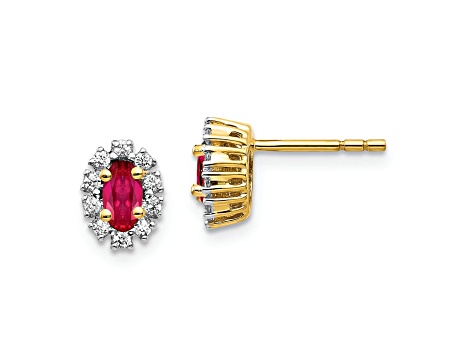 10k Yellow Gold, Rhodium Over 10k Yellow Gold 0.2ctw Diamond, 0.66ctw Ruby Halo Stud Earrings