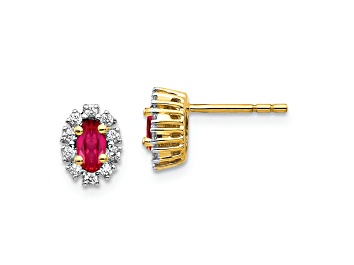 Picture of 10k Yellow Gold, Rhodium Over 10k Yellow Gold 0.2ctw Diamond, 0.66ctw Ruby Halo Stud Earrings
