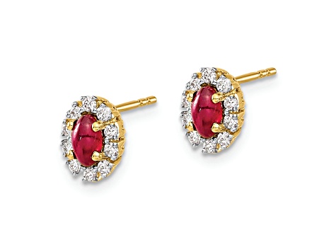 10k Yellow Gold, Rhodium Over 10k Yellow Gold 0.2ctw Diamond, 0.66ctw Ruby Halo Stud Earrings