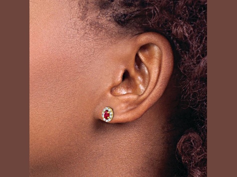 10k Yellow Gold, Rhodium Over 10k Yellow Gold 0.2ctw Diamond, 0.66ctw Ruby Halo Stud Earrings