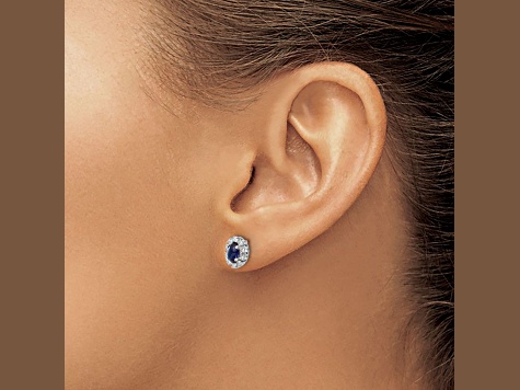 Rhodium Over 10k White Gold 0.2ctw Diamond and 0.66ctw Sapphire Oval Halo Stud Earrings