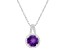 7mm Round Amethyst 1/7 ctw Diamond Rhodium Over Sterling Silver Halo Pendant with Chain