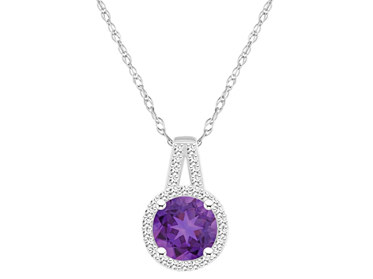 7mm Round Amethyst 1/7 ctw Diamond Rhodium Over Sterling Silver Halo Pendant with Chain