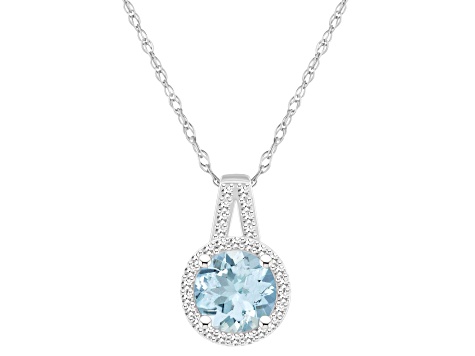 7mm Round Aquamarine 1/7 ctw Diamond Rhodium Over Sterling Silver Halo Pendant with Chain