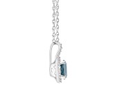 7mm Round Aquamarine 1/7 ctw Diamond Rhodium Over Sterling Silver Halo Pendant with Chain