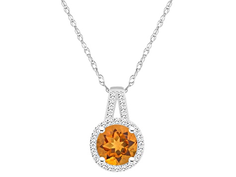 7mm Round Citrine 1/7 ctw Diamond Rhodium Over Sterling Silver Halo Pendant with Chain