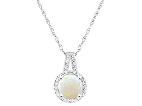 7mm Round Opal 1/7 ctw Diamond Rhodium Over Sterling Silver Halo Pendant with Chain