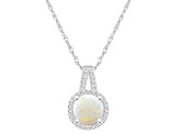 7mm Round Opal 1/7 ctw Diamond Rhodium Over Sterling Silver Halo Pendant with Chain