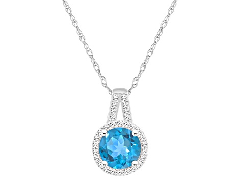 7mm Round Blue Topaz 1/7 ctw Diamond Rhodium Over Sterling Silver Halo Pendant with Chain