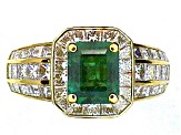 Rectangular Green Emerald and White Diamond 18K Yellow Gold Ring. 4.30 CTW