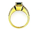 Rectangular Green Emerald and White Diamond 18K Yellow Gold Ring. 4.30 CTW