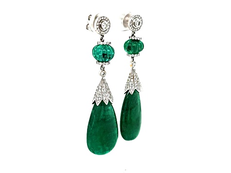 46.00 Ctw Emerald and 1.00 Ctw White Diamond Earring in 18K WG