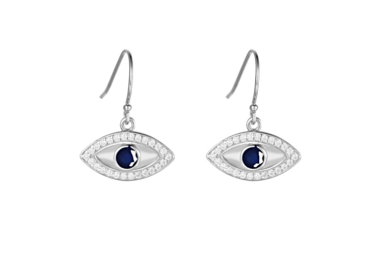 Blue Sapphire Rhodium Over Sterling Silver Evil Eye Earrings