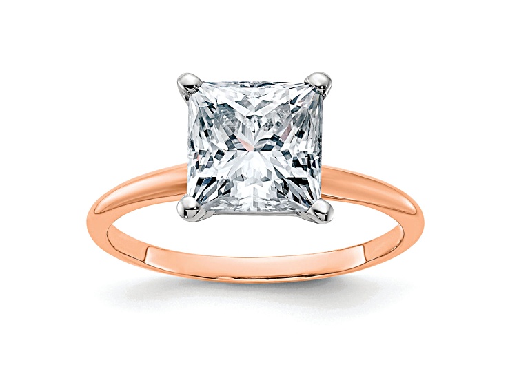 14K Rose Gold and White Gold Accent 2 1/2ct 7.5mm GHI True Light Princess Moissanite Solitaire Ring