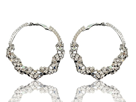Silver Tone with Clear Crystal Sequence Hoop Earring